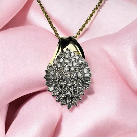 VINTAGE- 14K Gold- 2CT Natural Diamond Necklace -17"-Cluster Round Baguette-2.5g - Picture 8 of 16